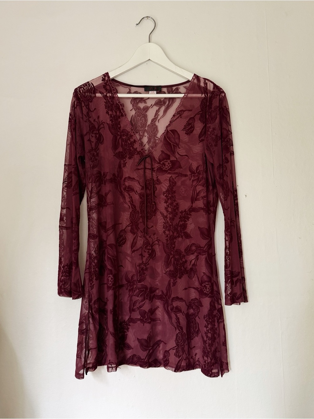 Burgundy Fairycore Sheer Floral Burnout Top/Dress